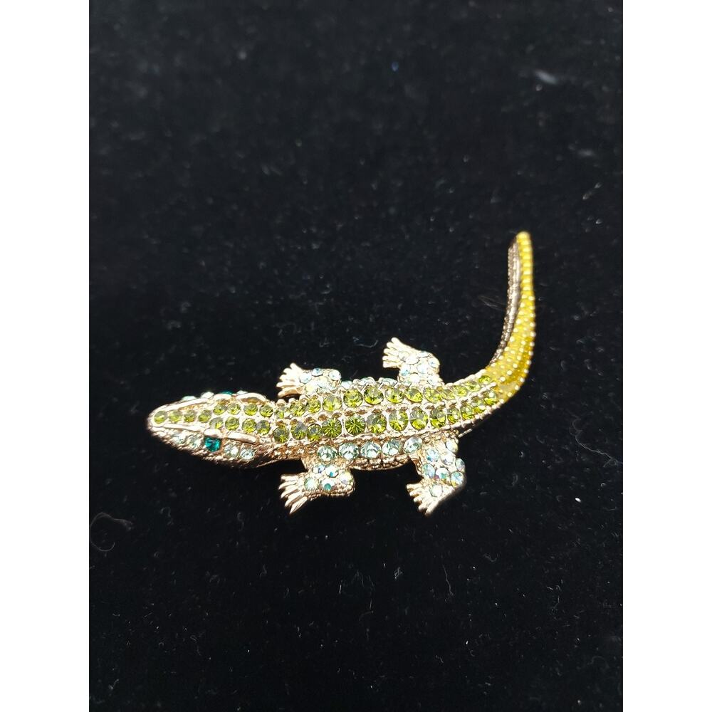 Rhinestone Gold Tone Lizard Gecko Brooch or Pendant 3"